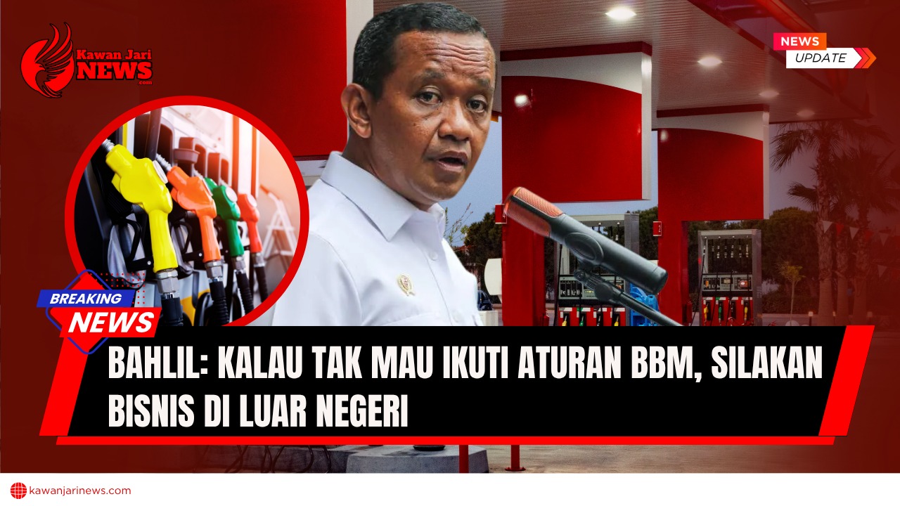 Doc. Ilustrasi Menteri Investasi/Kepala BKPM Bahlil Lahadalia (foto hasil crop) dengan latar belakang area Stasiun Pengisian Bahan Bakar Umum (SPBU) dan klosase lingkaran menampilkan nozel pompa bensin sebagai simbol distribusi BBM. Gambar ini hanya bersifat ilustratif. Ilustrasi digunakan untuk memberikan konteks pemberitaan mengenai polemik kekosongan pasokan BBM di SPBU swasta dan kebijakan pemerintah terkait pengaturan kuota impor bahan bakar. (NR | KawanJariNews.com).