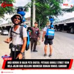 Doc. Petugas Google Street View tampak dari depan dan belakang saat menjalankan tugas pemetaan menggunakan perangkat Trekker. Ransel biru berlogo Google Maps dengan kamera 360 derajat di bagian atas digunakan untuk merekam area yang tidak dapat dijangkau kendaraan, seperti gang sempit dan jalan pejalan kaki. (Sumber Foto: Tangkapan layar Video Tiktok).