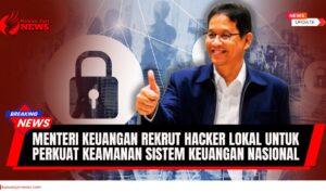 Doc. Kolase gambar Menteri Keuangan Purbaya Yudi Sadewa dengan latar ilustrasi simbol keamanan digital dan jaringan data. Ilustrasi ini menggambarkan komitmen pemerintah dalam memperkuat perlindungan sistem keuangan dan infrastruktur digital nasional. (NR | KawanJariNews.com).