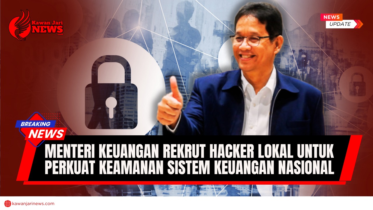Doc. Kolase gambar Menteri Keuangan Purbaya Yudi Sadewa dengan latar ilustrasi simbol keamanan digital dan jaringan data. Ilustrasi ini menggambarkan komitmen pemerintah dalam memperkuat perlindungan sistem keuangan dan infrastruktur digital nasional. (NR | KawanJariNews.com).
