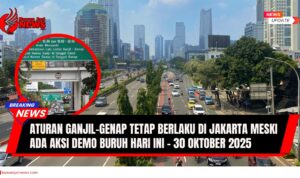 Doc. Suasana lalu lintas siang hari di salah satu ruas jalan protokol DKI Jakarta pada Kamis (30/10/2025), tampak kendaraan melintas dengan tertib di tengah penerapan aturan ganjil-genap yang tetap diberlakukan meskipun terdapat aksi demonstrasi buruh di beberapa titik ibu kota. (Narwan Riyadi | KawanJariNews.com)
