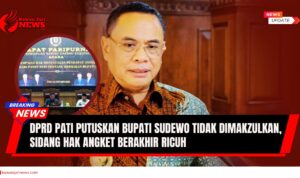 Doc. Bupati Pati Sudewo terlihat pada kolase lingkaran depan, dengan latar belakang suasana sidang hak angket yang tengah berlangsung di Gedung DPRD Kabupaten Pati. Momen ini menggambarkan ketegangan politik daerah saat pembahasan hasil akhir rekomendasi pemakzulan oleh para anggota dewan. (Sumber Foto: Rakyat Merdeka).