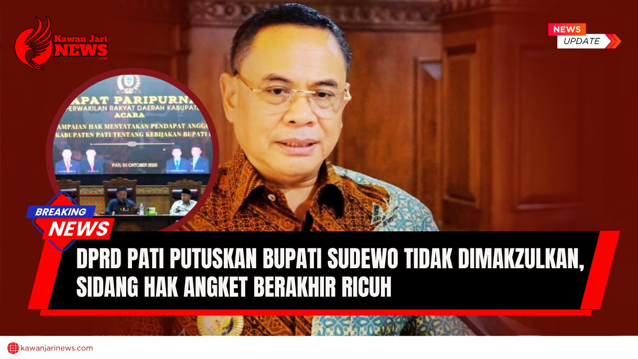 Doc. Bupati Pati Sudewo terlihat pada kolase lingkaran depan, dengan latar belakang suasana sidang hak angket yang tengah berlangsung di Gedung DPRD Kabupaten Pati. Momen ini menggambarkan ketegangan politik daerah saat pembahasan hasil akhir rekomendasi pemakzulan oleh para anggota dewan. (Sumber Foto: Rakyat Merdeka).