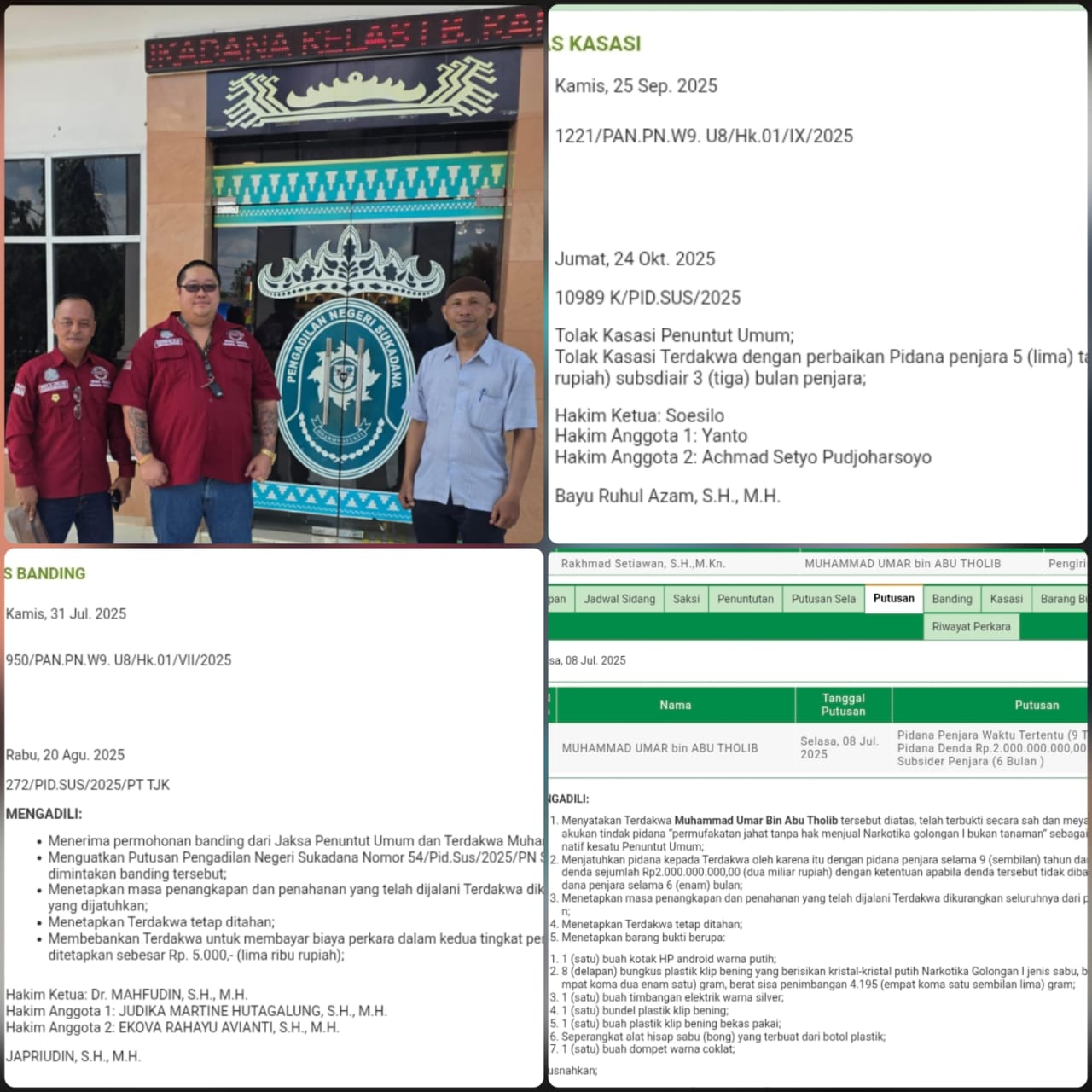 Doc. Advokat Donny Andretti (tengah) bersama tim hukum Subur Jaya Law Firm – FERADI WPI berpose di depan Kantor Pengadilan Negeri Sukadana, Lampung Timur, usai mengajukan berkas kasasi atas nama klien M. Umar Bin Abu Tholib. (Sumber: Dokumentasi Tim Hukum/Subur Jaya Law Firm – FERADI WPI).