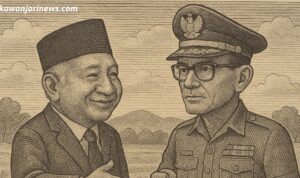 Doc. Ilustrasi menampilkan dua tokoh yang digambarkan dalam gaya sketsa klasik sedang berjabat tangan, melambangkan kontroversi seputar pemberian gelar Pahlawan Nasional tahun 2025 yang memicu perdebatan publik mengenai rekonsiliasi sejarah dan penegakan nilai-nilai kemanusiaan di Indonesia. (Ilustrasi: Eko Wahyu | KawanJariNews.com).
