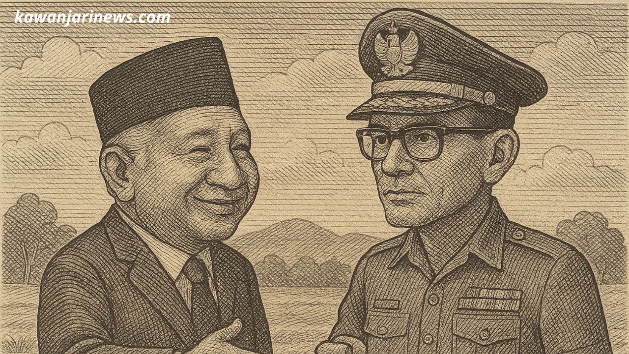 Doc. Ilustrasi menampilkan dua tokoh yang digambarkan dalam gaya sketsa klasik sedang berjabat tangan, melambangkan kontroversi seputar pemberian gelar Pahlawan Nasional tahun 2025 yang memicu perdebatan publik mengenai rekonsiliasi sejarah dan penegakan nilai-nilai kemanusiaan di Indonesia. (Ilustrasi: Eko Wahyu | KawanJariNews.com).