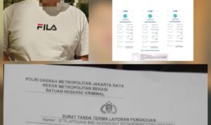 Doc. Foto kiri atas: Terduga yang dilaporkan dalam kasus dugaan penipuan dan penggelapan modal kerja bisnis jual beli beras, saat diabadikan oleh pelapor. Wajah diburamkan untuk menjaga privasi. Foto kanan atas: Bukti transaksi yang dilampirkan oleh pelapor terkait dugaan kerugian dana mencapai hampir Rp400 juta. Foto bawah: Salinan Surat Tanda Terima Laporan Pengaduan (STTLP) dari Polres Metro Bekasi yang diterima pelapor pada 22 November 2025 sebagai dasar pengajuan laporan resmi. (Foto: Wilma | KawanJariNews.com).