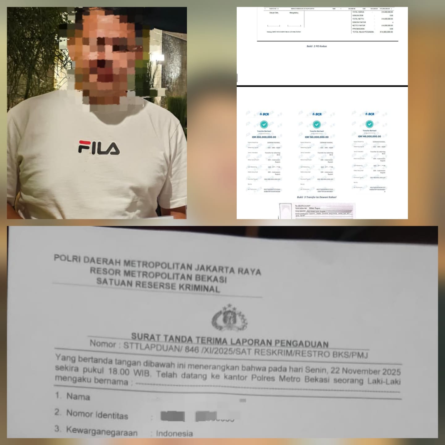 Doc. Foto kiri atas: Terduga yang dilaporkan dalam kasus dugaan penipuan dan penggelapan modal kerja bisnis jual beli beras, saat diabadikan oleh pelapor. Wajah diburamkan untuk menjaga privasi. Foto kanan atas: Bukti transaksi yang dilampirkan oleh pelapor terkait dugaan kerugian dana mencapai hampir Rp400 juta. Foto bawah: Salinan Surat Tanda Terima Laporan Pengaduan (STTLP) dari Polres Metro Bekasi yang diterima pelapor pada 22 November 2025 sebagai dasar pengajuan laporan resmi. (Foto: Wilma | KawanJariNews.com).