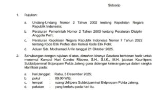 Doc. Surat resmi dari Bidpropam Polda Jawa Tengah yang ditujukan kepada Mochamad Arifin terkait undangan klarifikasi pemeriksaan pada 3 Desember 2025, sebagai tindak lanjut atas laporan yang telah disampaikan ke Propam. (Foto: Wakid).