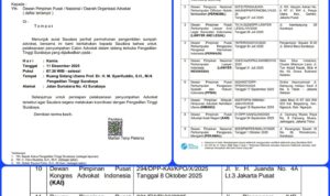 Doc. Foto surat undangan resmi dari Pengadilan Tinggi Surabaya yang diterima oleh FERADI WPI untuk agenda Penyumpahan Advokat pada 11 Desember 2025. (Sumber: FERADI WPI Official).