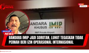 Doc. Ilustrasi — Plang Bandara IMIP di Morowali terlihat pada latar belakang, dengan foto Luhut Binsar Pandjaitan pada kolase lingkaran bagian depan. Gambar ini digunakan sebagai ilustrasi pemberitaan mengenai klarifikasi status operasional Bandara IMIP. (NR).