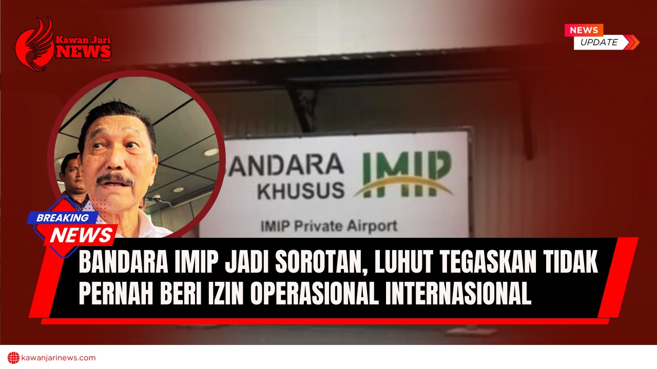 Doc. Ilustrasi — Plang Bandara IMIP di Morowali terlihat pada latar belakang, dengan foto Luhut Binsar Pandjaitan pada kolase lingkaran bagian depan. Gambar ini digunakan sebagai ilustrasi pemberitaan mengenai klarifikasi status operasional Bandara IMIP. (NR).