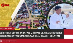 Doc. Foto udara memperlihatkan kawasan permukiman di Aceh Selatan yang terendam banjir, sementara pada kolase lingkaran tampak Bupati Aceh Selatan Mirwan, M.S, saat melaksanakan ibadah umrah di tanah suci. Kolase ini menggambarkan konteks kontroversi terkait keberangkatannya ketika wilayah tersebut masih dalam kondisi darurat bencana. (Sumber Foto: Tangkapan layar iNews Youtube Chanel).