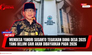 Doc. Menteri Desa dan Pembangunan Daerah Tertinggal, Yandri Susanto, dengan latar belakang Gedung Kementerian Desa sebagai ilustrasi komitmen pemerintah dalam memperkuat transparansi dan tata kelola pengelolaan dana desa. (Foto: KEMENDES).