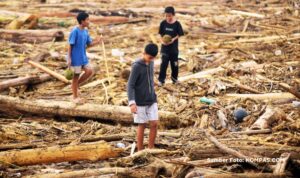 Doc. Sejumlah anak tampak berjalan di antara hamparan material kayu dan sampah yang terbawa arus banjir bandang. Mereka terlihat mencari barang yang masih dapat diselamatkan di tengah puing-puing tersebut. (Sumber Foto: KOMPAS.COM).