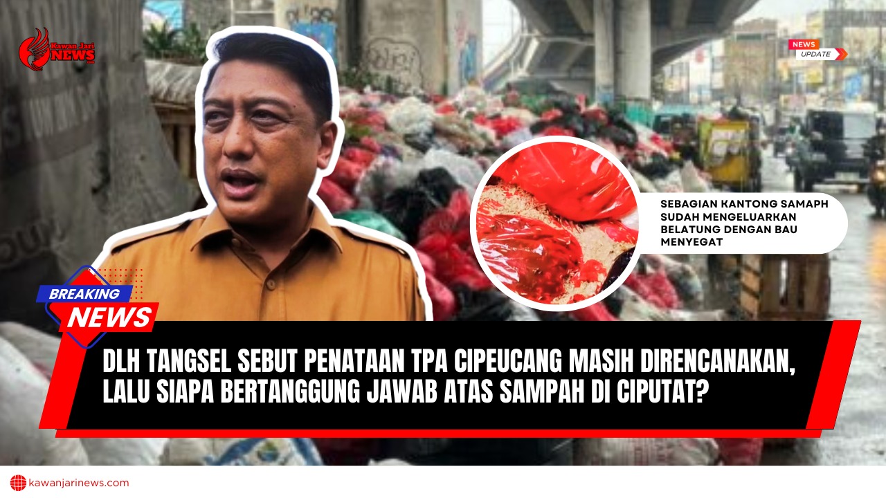 Doc. Penumpukan sampah terlihat mengular di bawah Flyover Ciputat, Kota Tangerang Selatan, dengan sebagian kantong sampah sudah membusuk dan mengeluarkan bau menyengat, sementara Sekretaris DLH Tangsel Hadi Widodo menyatakan penataan TPA Cipeucang masih dalam tahap perencanaan dengan anggaran APBD sekitar Rp50 miliar. Kondisi ini menimbulkan sorotan publik terkait tanggung jawab dan kesiapsiagaan layanan persampahan di lapangan. (Sumber foto: Moh. Ismail & Tangerang Life).