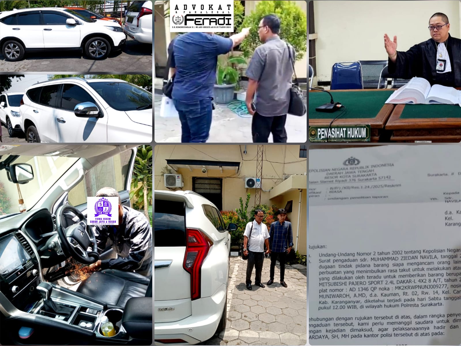 Doc. Kolase foto menunjukkan kendaraan Mitsubishi Pajero AD 1346 QP yang menjadi objek perkara dugaan perampasan oleh oknum debt collector di Surakarta, proses pendampingan hukum oleh tim kuasa hukum korban, kondisi kendaraan saat berada di area Polsek Banjarsari, hingga surat panggilan pemeriksaan dari kepolisian terkait laporan dugaan tindak pidana yang dialami Muhammad Ziedan Navila. (Foto: Wakid).