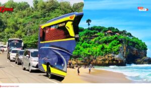 Doc. Tampak pada sisi kiri gambar, arus kendaraan wisatawan mengular dan padat merayap menuju kawasan Pantai Drini. Sementara pada sisi kanan, terlihat suasana pantai dengan pengunjung yang menikmati panorama laut, berjalan di bibir pantai, dan beraktivitas di area wisata selama libur Natal dan Tahun Baru. (NR).