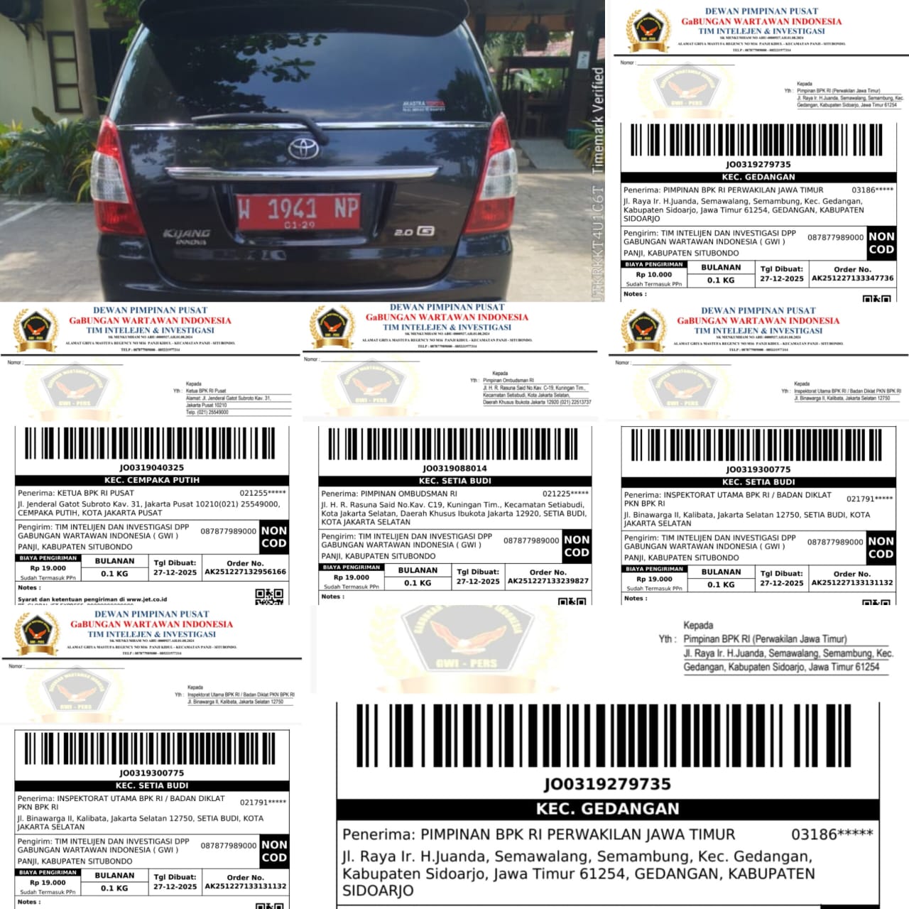 Doc. Tampak sebuah kendaraan dinas berpelat merah W 1941 NP yang diduga digunakan pada hari libur nasional di wilayah Situbondo, Jawa Timur. Pada bagian bawah foto juga terlihat bukti pengiriman laporan berupa tangkapan resi J&T Express yang dikirim oleh DPP GWI kepada sejumlah lembaga negara sebagai tindak lanjut pelaporan dugaan penyalahgunaan kendaraan dinas BPK RI. (Sumber foto: DPP GWI).