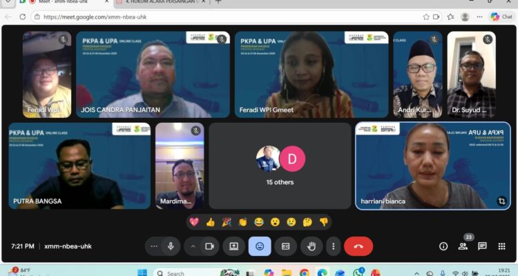 Doc. Tangkapan layar suasana pelaksanaan PKPA dan UPA Batch 1 FERADI WPI DPD Jakarta Raya bersama Universitas Mpu Tantular yang digelar secara daring melalui Zoom Meeting pada 20–21, 27–28, dan 29 Desember 2025. Terlihat peserta, pemateri, dan panitia mengikuti rangkaian kegiatan secara virtual. (Foto: FERADI WPI Official).