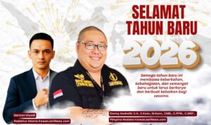 Doc. Flayer ucapan Selamat Tahun Baru 2026 dari KawanJariNews.com, menampilkan Pimpinan Redaksi Donny Andretti, S.H., S.Kom., M.Kom., C.Md., C.PFW., C.MDF., C.JKJ. dan Redaktur Utama Narwan Riyadi sebagai representasi jajaran redaksi dalam penyampaian pesan dan harapan baru bagi pembaca. (Foto: KawanJariNews.com).