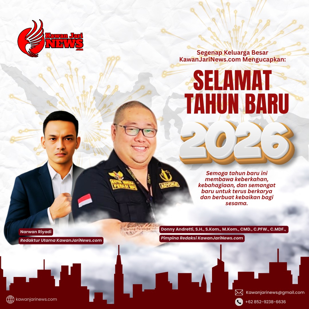 Doc. Flayer ucapan Selamat Tahun Baru 2026 dari KawanJariNews.com, menampilkan Pimpinan Redaksi Donny Andretti, S.H., S.Kom., M.Kom., C.Md., C.PFW., C.MDF., C.JKJ. dan Redaktur Utama Narwan Riyadi sebagai representasi jajaran redaksi dalam penyampaian pesan dan harapan baru bagi pembaca. (Foto: KawanJariNews.com).
