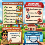 Doc. Ilustrasi grafis terkait informasi publik mengenai arah prioritas, larangan penggunaan, dan prinsip transparansi Dana Desa Tahun Anggaran 2026 sebagaimana tertuang dalam pedoman resmi pemerintah. Gambar ini hanya bersifat ilustrasi dan tidak merepresentasikan kondisi, data, atau kebijakan spesifik di desa tertentu. (NR).