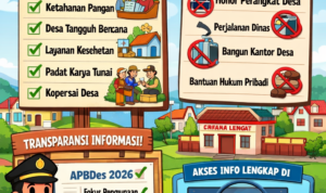 Doc. Ilustrasi grafis terkait informasi publik mengenai arah prioritas, larangan penggunaan, dan prinsip transparansi Dana Desa Tahun Anggaran 2026 sebagaimana tertuang dalam pedoman resmi pemerintah. Gambar ini hanya bersifat ilustrasi dan tidak merepresentasikan kondisi, data, atau kebijakan spesifik di desa tertentu. (NR).