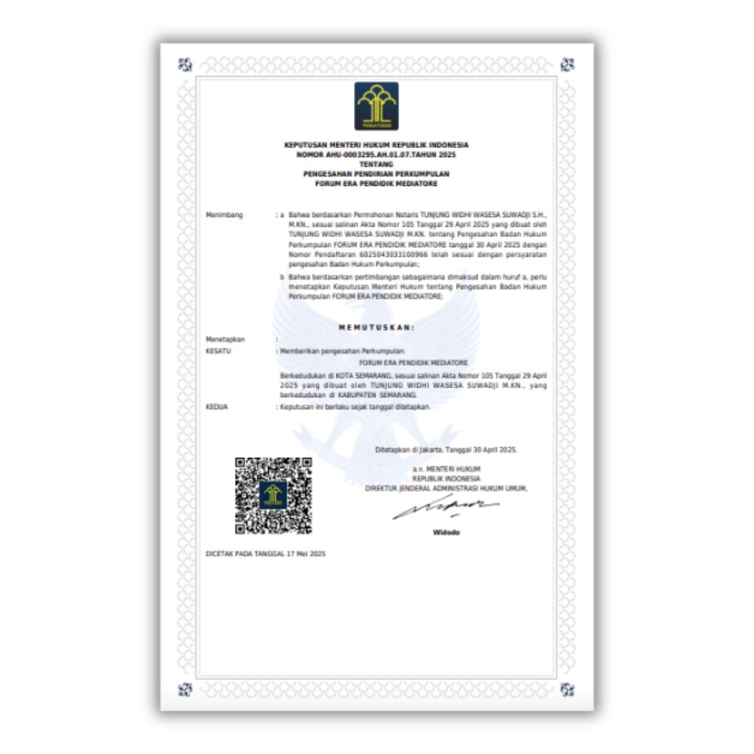Doc. Tangkapan layar Surat Keputusan (SK) Kementerian Hukum Republik Indonesia tentang pengesahan pendirian perkumpulan FERADI MEDIATORE, sebagai dasar legalitas organisasi yang diterbitkan oleh KEMENKUMHAM RI. (Foto: FERADI MEDIATORE Official).