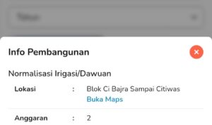 Doc. Tangkapan layar laman SIPDeskel Desa Kaduagung yang menampilkan informasi kegiatan Normalisasi Irigasi/Dawuan Tahun Anggaran 2025, dengan kolom anggaran tercantum angka “2” dan volume “1000” tanpa keterangan satuan, sehingga menimbulkan pertanyaan terkait kejelasan dan kelengkapan transparansi data pembangunan desa. (Foto: Moh.Ismail).