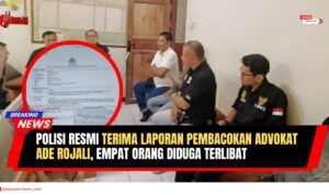 Doc. Tim FERADI WPI tampak berada di latar belakang foto, sementara pada klosase lingkaran ditampilkan salinan Surat Laporan Polisi terkait dugaan pembacokan terhadap Advokat Ade Rojali Pranata yang resmi diterima Polsek Majalaya, Polres Karawang. Visual ini menggambarkan pengawalan dan pendampingan FERADI WPI terhadap proses hukum, seiring telah dicatatkannya laporan dugaan penganiayaan yang melibatkan empat orang terduga pelaku dan kini dalam penanganan aparat kepolisian. (Foto: Wilma).