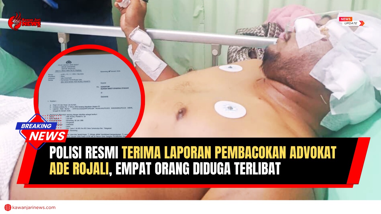 Doc. Korban pembacokan, Advokat Ade Rojali Pranata, tampak terbaring menjalani perawatan medis di RS Efarina Etaham, Karawang, pada latar belakang foto. Sementara pada klosase bagian depan ditampilkan dokumen resmi kepolisian berupa surat permintaan pemeriksaan medis dan penerbitan Visum et Repertum yang diajukan Polsek Majalaya, Polres Karawang, sebagai bagian dari proses penyidikan kasus dugaan pembacokan yang kini tengah ditangani aparat penegak hukum. (Foto: Wilma).