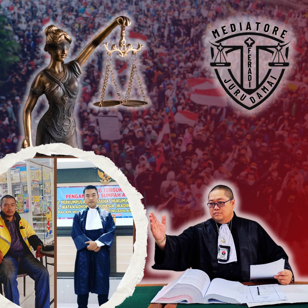 Doc. Ketua Umum FERADI MEDIATORE, Adv. Donny Andretti, S.H., S.Kom., M.Kom. (Utama), yang secara konsisten memberikan dukungan penuh bagi para praktisi hukum melalui program beasiswa organisasi. Tampak dalam kolase lingkaran adalah Adv. Muhammad Wahyu, S.H., C.MDF., anggota berprestasi yang berhasil membuktikan kualitas lulusan FERADI MEDIATORE dengan resmi menjabat sebagai Mediator Non Hakim di Pengadilan Negeri Banjarmasin. (Foto: FERADI MEDIATORE Official).