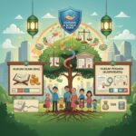 Doc. Ilustrasi konseptual yang menggambarkan mekanisme pengelolaan harta peninggalan dan likuiditas dalam pembagian waris, dengan penekanan pada perbedaan kerangka hukum antara Kompilasi Hukum Islam (KHI) dan KUHPerdata. Visual menampilkan struktur keluarga sebagai subjek utama waris, kewajiban hukum sebelum distribusi, serta prinsip kepastian hukum dalam penyelesaian hak dan kewajiban pewaris, disajikan sebagai materi edukasi hukum secara netral dan informatif. (Ilustrasi: Gihon B).