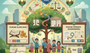 Doc. Ilustrasi konseptual yang menggambarkan mekanisme pengelolaan harta peninggalan dan likuiditas dalam pembagian waris, dengan penekanan pada perbedaan kerangka hukum antara Kompilasi Hukum Islam (KHI) dan KUHPerdata. Visual menampilkan struktur keluarga sebagai subjek utama waris, kewajiban hukum sebelum distribusi, serta prinsip kepastian hukum dalam penyelesaian hak dan kewajiban pewaris, disajikan sebagai materi edukasi hukum secara netral dan informatif. (Ilustrasi: Gihon B).