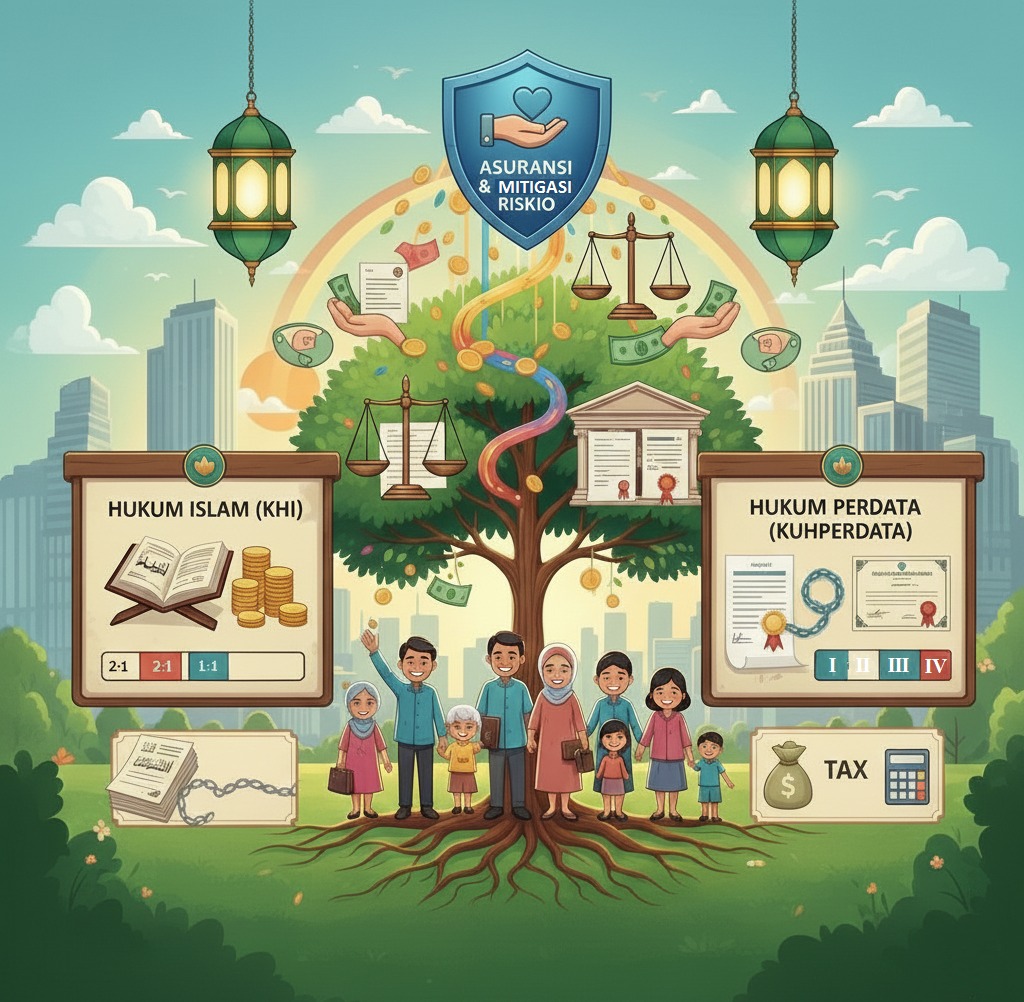 Doc. Ilustrasi konseptual yang menggambarkan mekanisme pengelolaan harta peninggalan dan likuiditas dalam pembagian waris, dengan penekanan pada perbedaan kerangka hukum antara Kompilasi Hukum Islam (KHI) dan KUHPerdata. Visual menampilkan struktur keluarga sebagai subjek utama waris, kewajiban hukum sebelum distribusi, serta prinsip kepastian hukum dalam penyelesaian hak dan kewajiban pewaris, disajikan sebagai materi edukasi hukum secara netral dan informatif. (Ilustrasi: Gihon B).