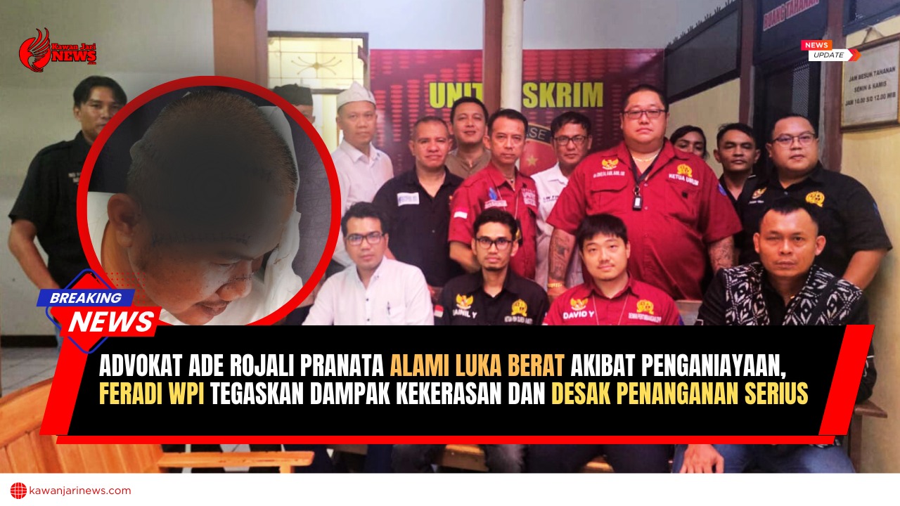 Doc. Tim FERADI WPI saat berada di lokasi pendampingan sebagai bagian dari pengawalan dan perhatian organisasi terhadap perkara penganiayaan yang menimpa salah satu anggotanya. Pada kolase berbentuk lingkaran ditampilkan kondisi terkini korban, Advokat Ade Rojali Pranata, S.H., M.H., saat menjalani perawatan di rumah sakit. Area luka pada foto korban diburamkan (blur) dan ditampilkan secara terbatas serta proporsional sebagai bagian dari informasi publik, dengan tetap mempertimbangkan aspek kemanusiaan, Kode Etik Jurnalistik, asas praduga tak bersalah, serta perlindungan terhadap privasi korban. (Foto: Wilma).