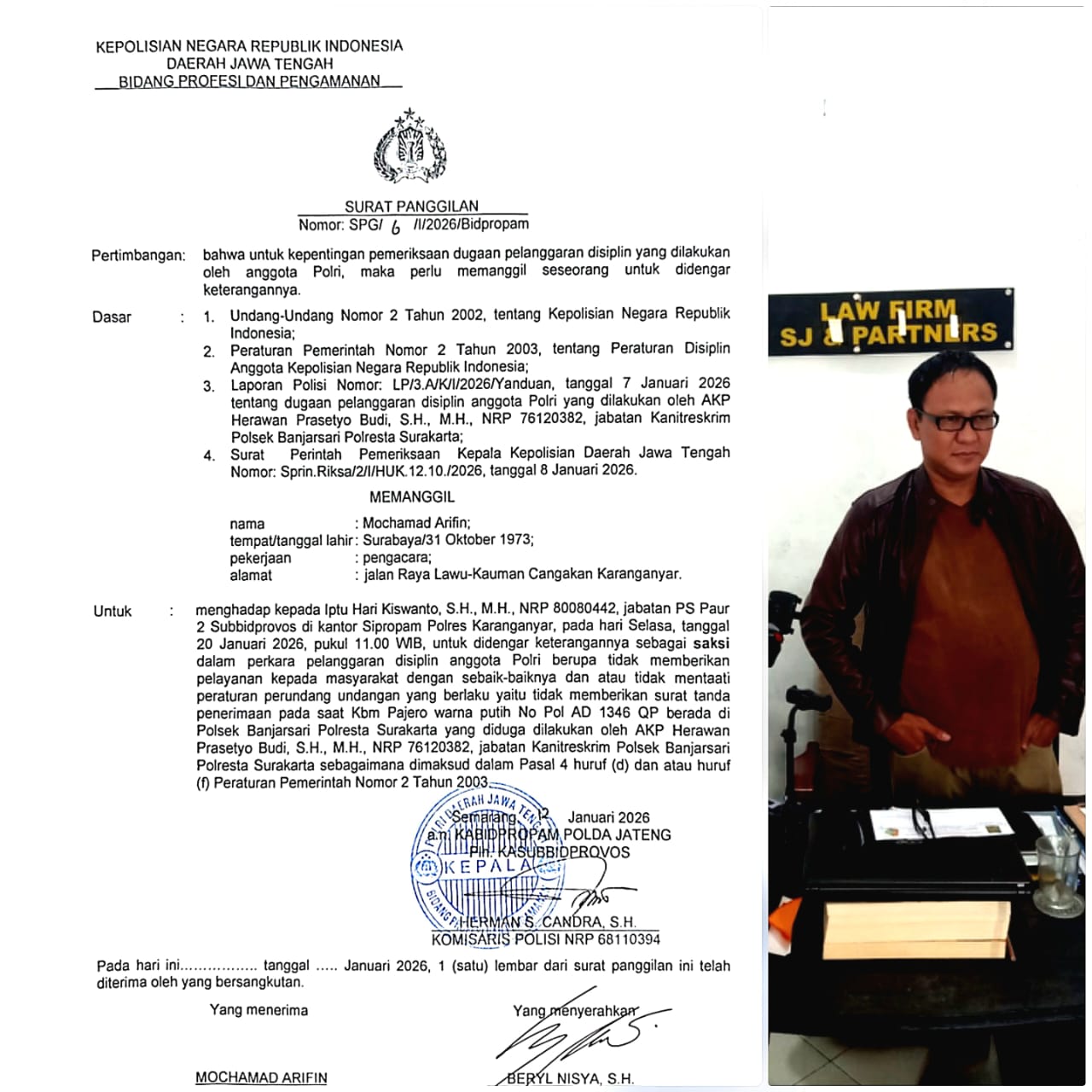 Doc. Tangkapan layar surat panggilan pemeriksaan dari Bidang Profesi dan Pengamanan (Propam) Polda Jawa Tengah, dengan close-up pada nama Mochamad Arifin sebagai salah satu saksi yang dijadwalkan menjalani pemeriksaan terkait dugaan pelanggaran etik profesi kepolisian. (Foto: Wakid).