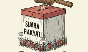 Doc. Sebuah visualisasi mengenai rencana perubahan sistem pemilihan kepala daerah pada tahun 2026. Gambar ini menonjolkan perdebatan antara desakan stabilitas politik di tingkat parlemen melawan aspirasi publik yang tetap menginginkan partisipasi langsung dalam menentukan pemimpin daerah. (Ilustrasi: NR).