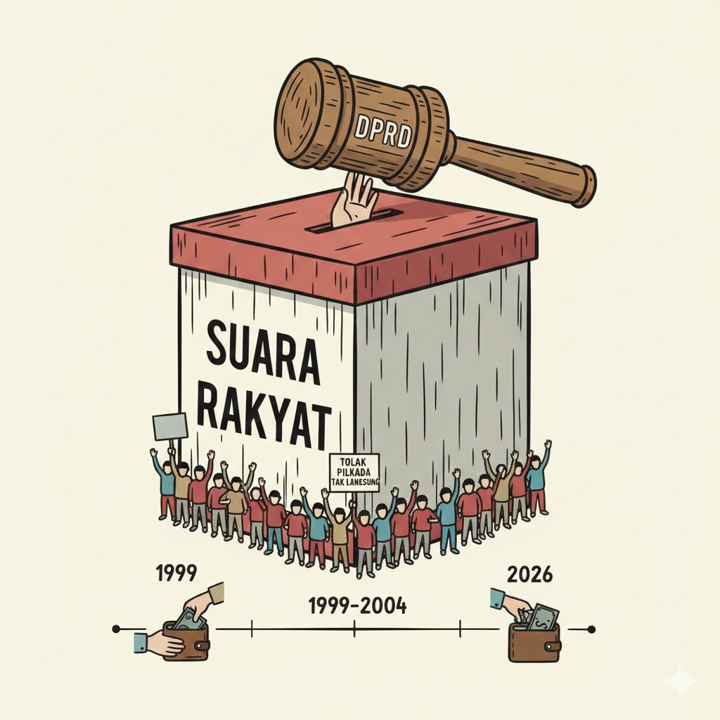 Doc. Sebuah visualisasi mengenai rencana perubahan sistem pemilihan kepala daerah pada tahun 2026. Gambar ini menonjolkan perdebatan antara desakan stabilitas politik di tingkat parlemen melawan aspirasi publik yang tetap menginginkan partisipasi langsung dalam menentukan pemimpin daerah. (Ilustrasi: NR).