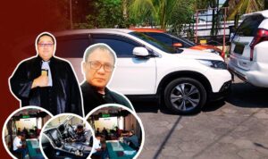 Doc. Latar belakang memperlihatkan mobil Mitsubishi Pajero Sport putih yang menjadi objek perkara dugaan perampasan. Pada sisi depan foto ditampilkan Donny Andretti selaku kuasa hukum dan Mochamad Arifin sebagai pelapor. Sementara pada close-up lingkaran paling depan ditampilkan dokumentasi penting yang berkaitan dengan tahapan proses hukum yang sedang berjalan sebagai bagian dari upaya pendampingan dan pembuktian. (Foto: Wakid).