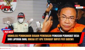 Doc. Petugas Komisi Pemberantasan Korupsi (KPK) memperlihatkan barang bukti uang tunai hasil penyitaan dalam perkara dugaan pemerasan pengisian jabatan perangkat desa, sementara Bupati Pati Sudewo tampak mengenakan rompi tahanan KPK usai menjalani pemeriksaan di Gedung Merah Putih KPK, Jakarta. Penanganan perkara ini merupakan bagian dari operasi tangkap tangan (OTT) yang dilakukan KPK pada Januari 2026. (Sumber Foto: kpk.go.id).