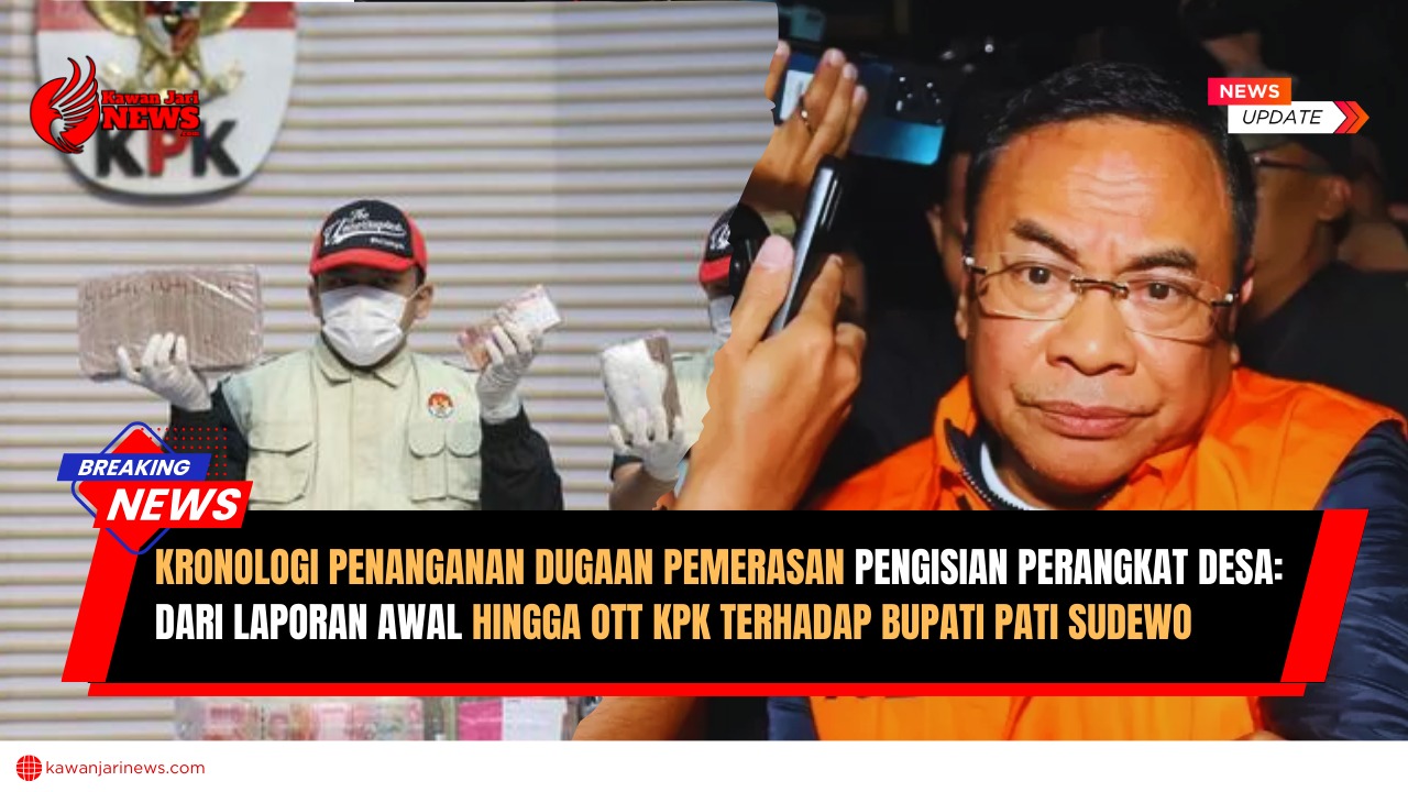 Doc. Petugas Komisi Pemberantasan Korupsi (KPK) memperlihatkan barang bukti uang tunai hasil penyitaan dalam perkara dugaan pemerasan pengisian jabatan perangkat desa, sementara Bupati Pati Sudewo tampak mengenakan rompi tahanan KPK usai menjalani pemeriksaan di Gedung Merah Putih KPK, Jakarta. Penanganan perkara ini merupakan bagian dari operasi tangkap tangan (OTT) yang dilakukan KPK pada Januari 2026. (Sumber Foto: kpk.go.id).