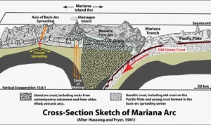 Doc. Sketsa penampang melintang Busur Mariana (Mariana Arc) yang menunjukkan proses subduksi antara Lempeng Pasifik dan Lempeng Laut Filipina. Pada sisi kanan, Lempeng Pasifik yang terdiri atas kerak samudra tua bergerak menukik ke bawah membentuk Palung Mariana (Mariana Trench). Proses ini menghasilkan zona pelelehan (zone of melting) di kedalaman mantel, yang memicu aktivitas vulkanik dan membentuk deretan pulau vulkanik seperti Alamagan Island pada Busur Kepulauan Mariana (Mariana Island Arc). Bagian belakang busur (back-arc) memperlihatkan proses pemekaran kerak (crustal spreading) yang membentuk kerak samudra baru. Diagram juga menampilkan fore-arc (zona antara palung dan busur vulkanik), gunung laut (seamounts), serta perbedaan antara kerak basal tua dan kerak muda hasil pemekaran. Skala kedalaman ditunjukkan hingga lebih dari 15 kilometer dengan pembesaran vertikal sekitar 10,8:1 untuk memperjelas struktur geologi. (Sumber ilustrasi: Hussong dan Fryer, 1981).