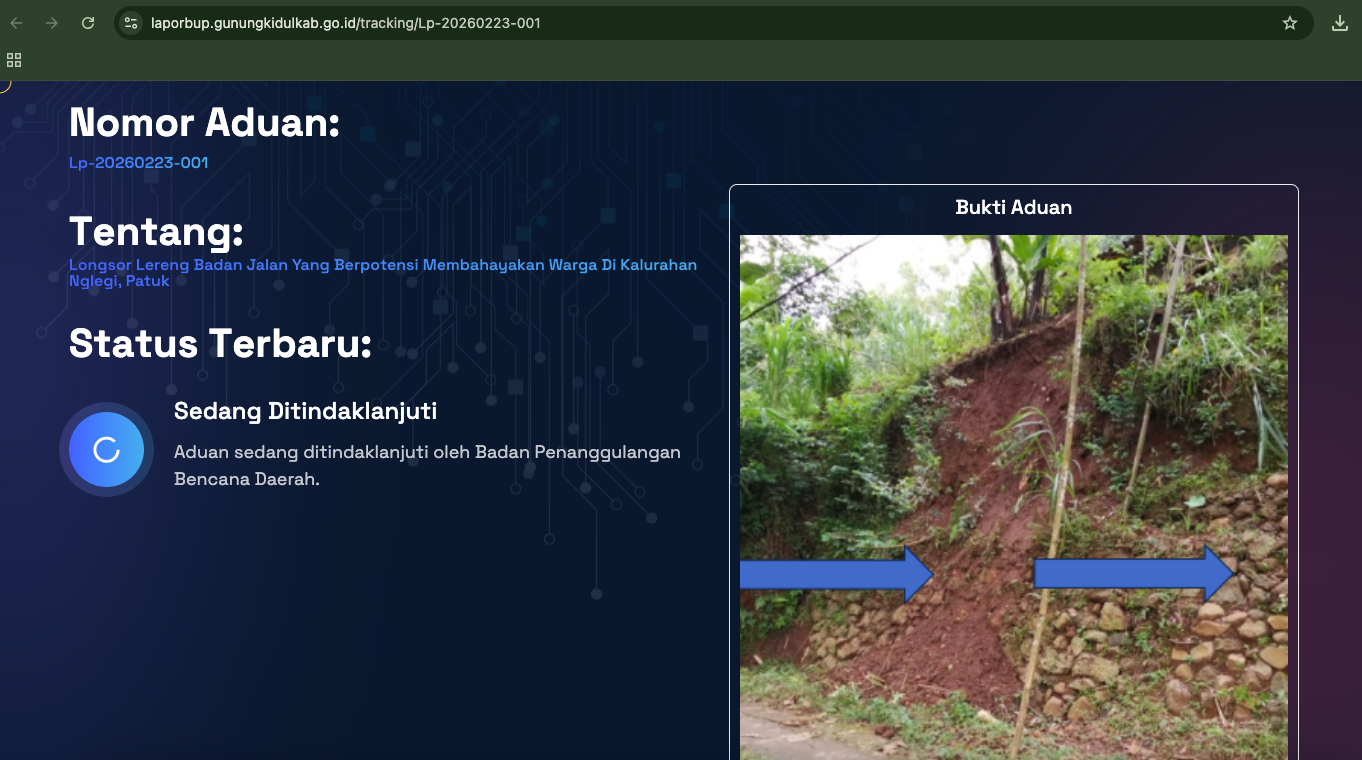 Doc. Tangkapan layar laman pemantauan resmi Program LaporBup yang menampilkan perubahan status aduan Nomor Lp-20260223-001 menjadi “Sedang Ditindaklanjuti”, dengan keterangan proses penanganan oleh instansi teknis terkait di Kabupaten Gunungkidul. (Seumber Foto: laman laporbup.gunungkidulkab.go.id).