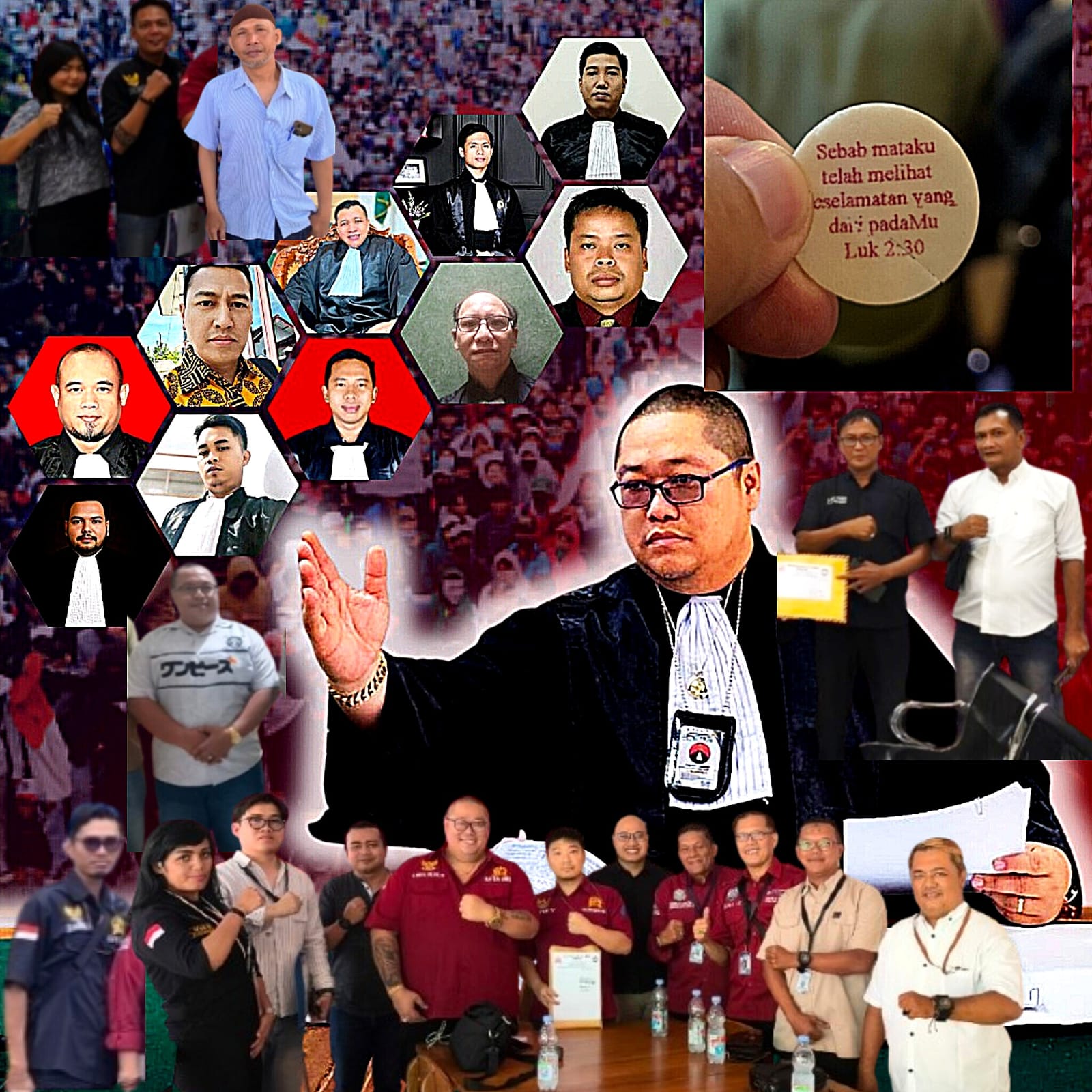 Doc. Ketua Umum FERADI WPI sekaligus pimpinan Firma Hukum Subur Jaya dan Rekan, Advokat Donny Andretti, bersama jajaran tim hukum dan pengurus. Kolase juga menampilkan momen ibadah kebaktian pagi di Gereja GPDI Generasi Emas, Kota Semarang, serta ayat Alkitab Lukas 2:30 yang diterima Donny Andretti sebagai penguatan spiritual sebelum keberangkatan ke Lampung Timur. (Foto: Nabila).