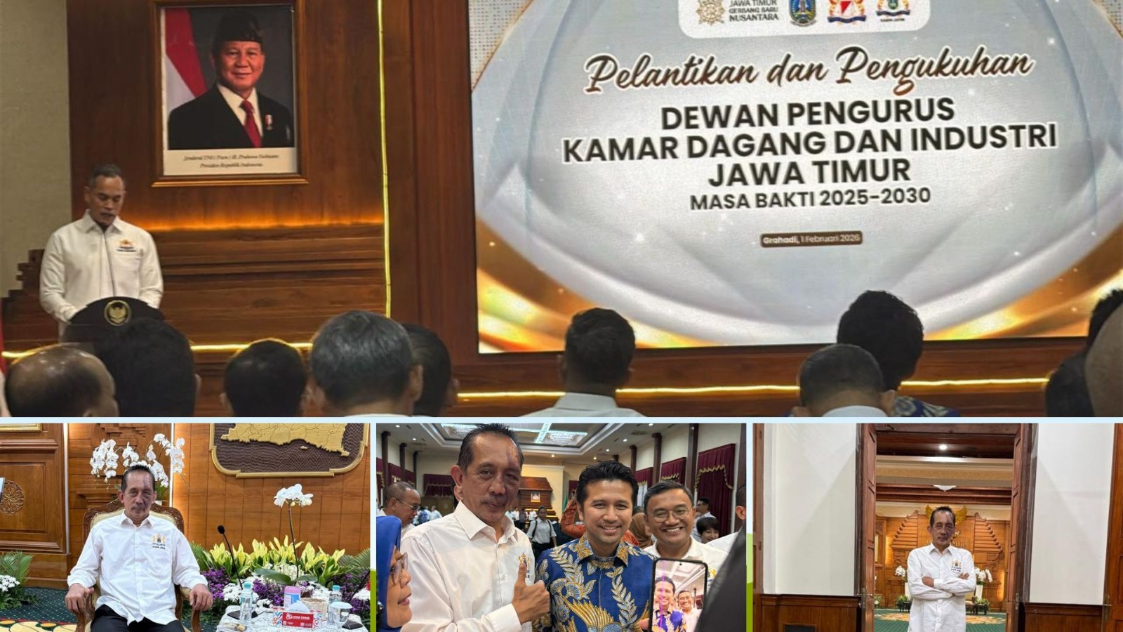 Doc. Kolase foto suasana pelantikan Dewan Pengurus KADIN Jawa Timur masa bakti 2025–2030 di Gedung Negara Grahadi Surabaya. Tampak rangkaian acara resmi serta kehadiran Yulianto Kiswocahyono, S.E., S.H., BKP selaku Ketua Komite Tetap Fiskal KADIN Jawa Timur yang mengikuti jalannya kegiatan bersama jajaran pengurus dan undangan. (Foto: Eko Wahyu).