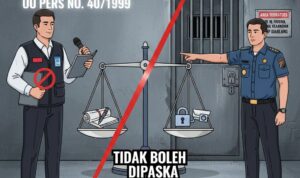 Doc. Ilustrasi perbandingan antara mandat UU Pers No. 40 Tahun 1999 dan Protokol Keamanan Rutan. Meski jurnalis memiliki hak mencari informasi, aturan keamanan di area steril Rutan sebagai objek vital negara tetap wajib dipatuhi, termasuk larangan membawa telepon genggam (HP). (Sumber: Tim Editorial/KawanJariNews.com)