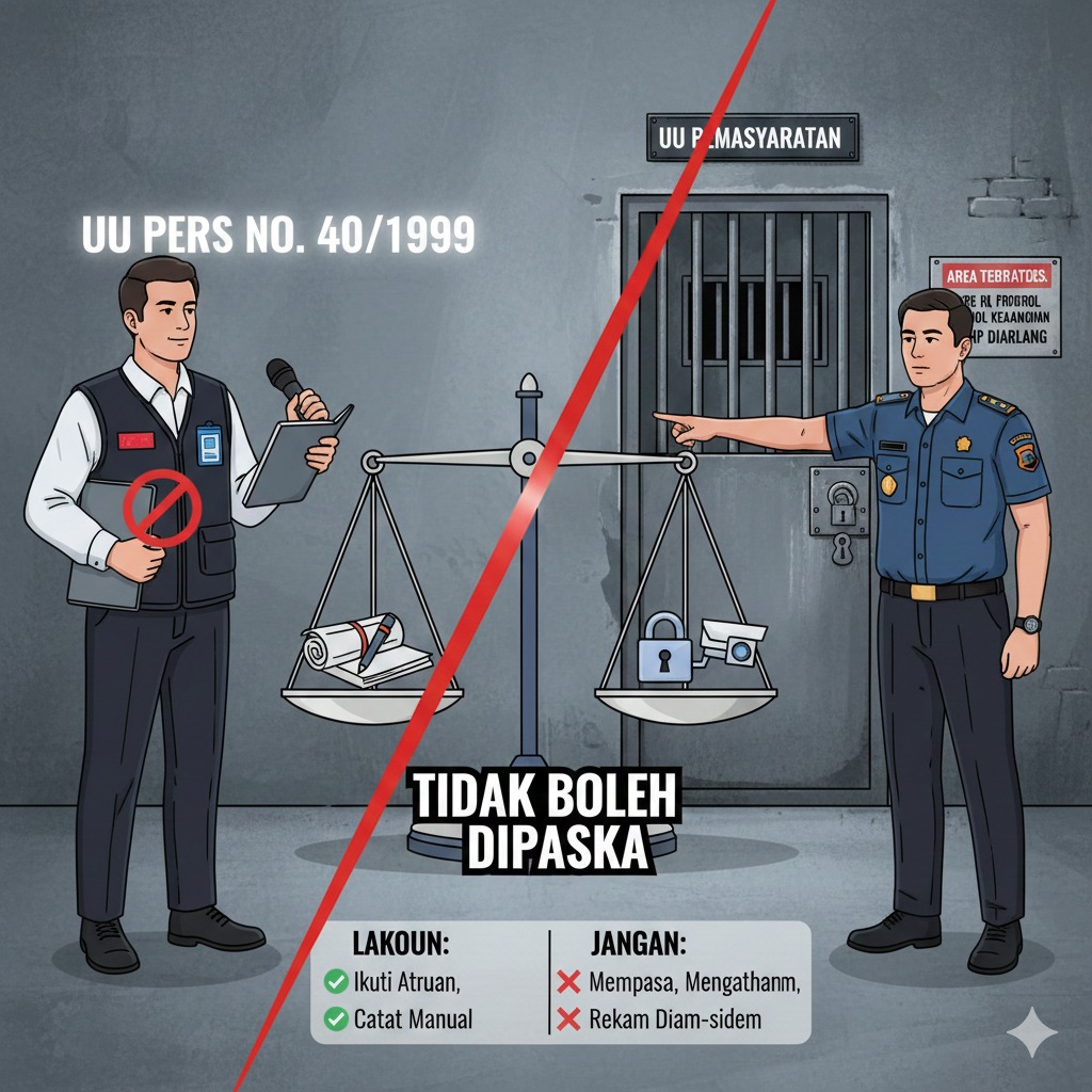 Doc. Ilustrasi perbandingan antara mandat UU Pers No. 40 Tahun 1999 dan Protokol Keamanan Rutan. Meski jurnalis memiliki hak mencari informasi, aturan keamanan di area steril Rutan sebagai objek vital negara tetap wajib dipatuhi, termasuk larangan membawa telepon genggam (HP). (Sumber: Tim Editorial/KawanJariNews.com)