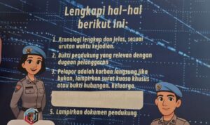 Doc. Materi informasi layanan pengaduan Propam Polri yang memuat persyaratan pelaporan, termasuk kewajiban menyertakan kronologi lengkap, bukti pendukung, serta akses pengaduan melalui laman yanduan.propam.polri.go.id dengan jaminan kerahasiaan identitas pelapor. (Foto: Rifka).